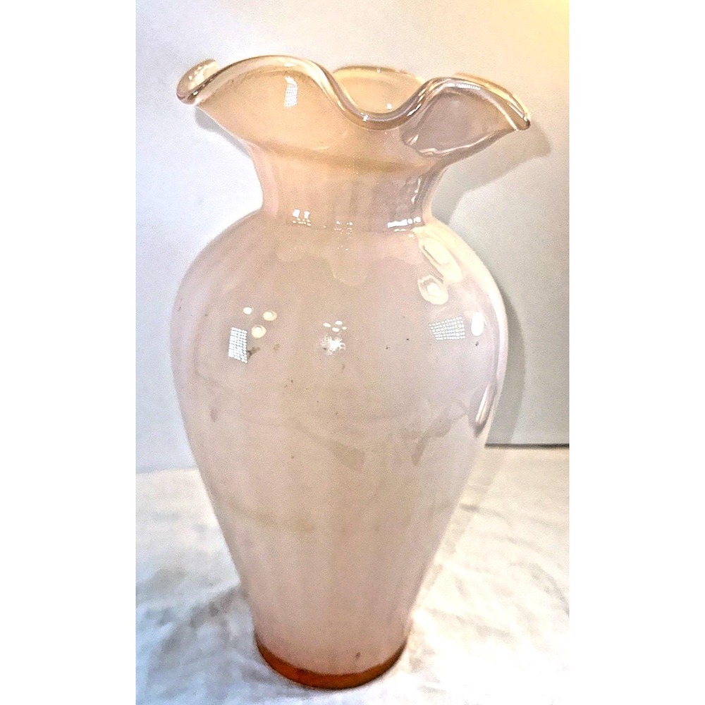 Vtg Murano Style Pink White Cased Art Glass Ruffle Top Vase Pontil Mark - Picture 4 of 8
